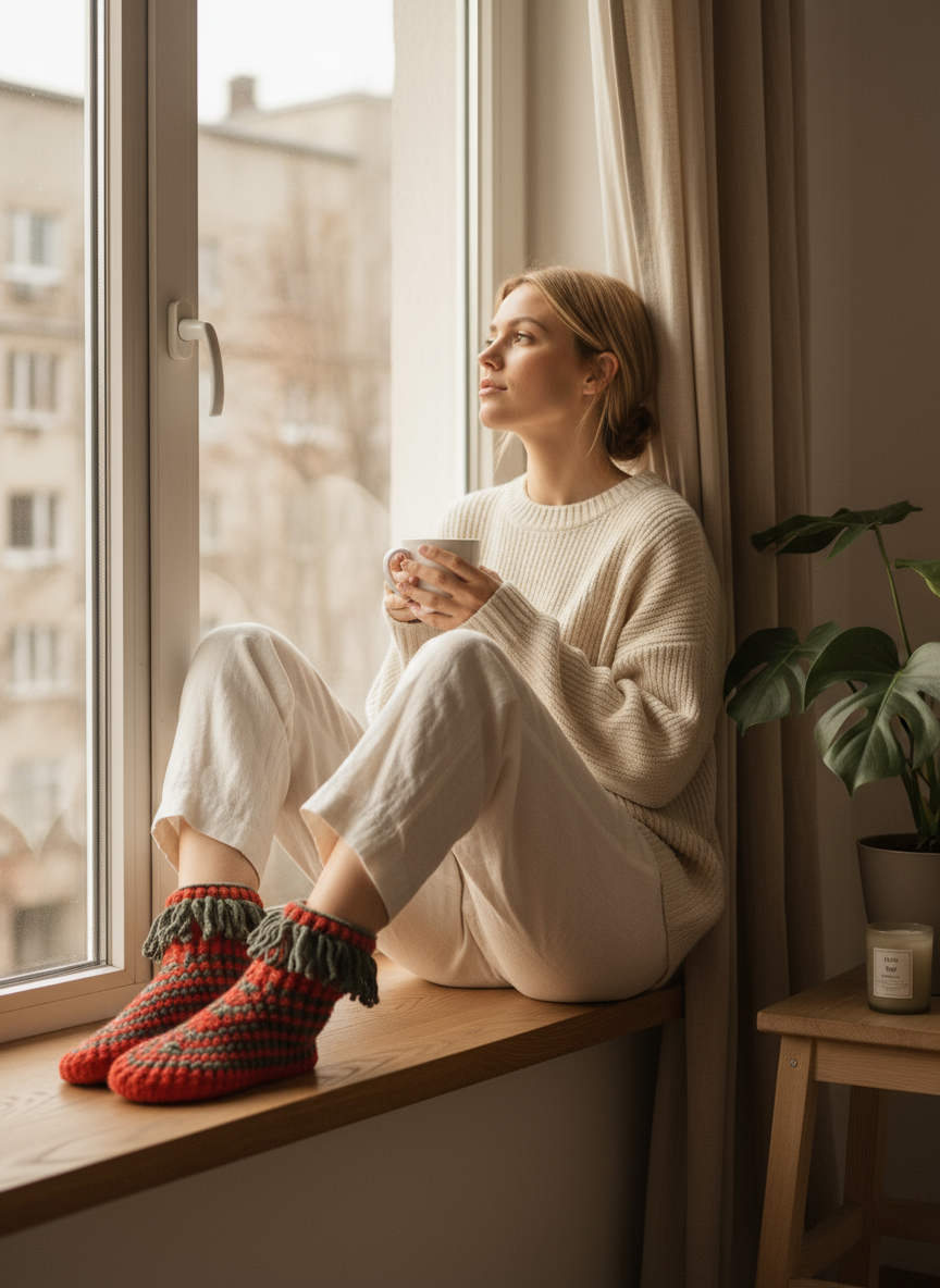Hand-Knitted Home Booties | Red & Gray