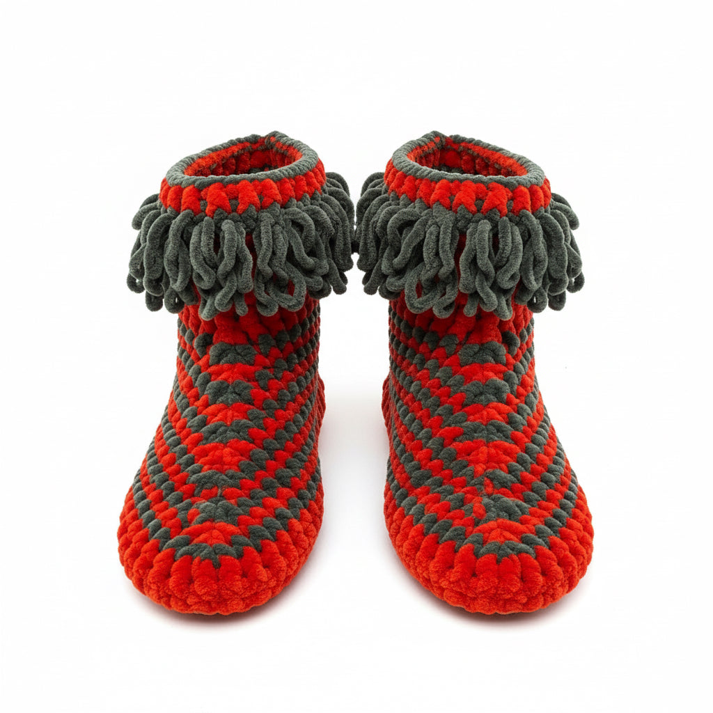Hand-Knitted Home Booties | Red & Gray