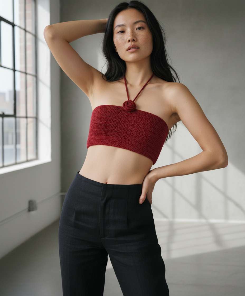 Handmade Burgundy Crochet Bustier with Tie Back