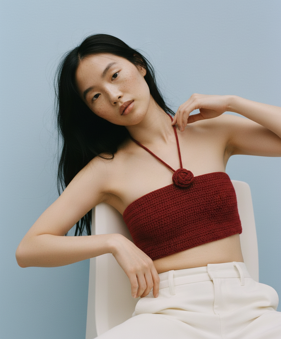 Handmade Burgundy Crochet Bustier with Tie Back