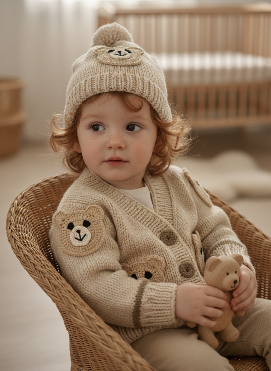 Handmade Baby Cardigan and Hat Set with Bear Motif