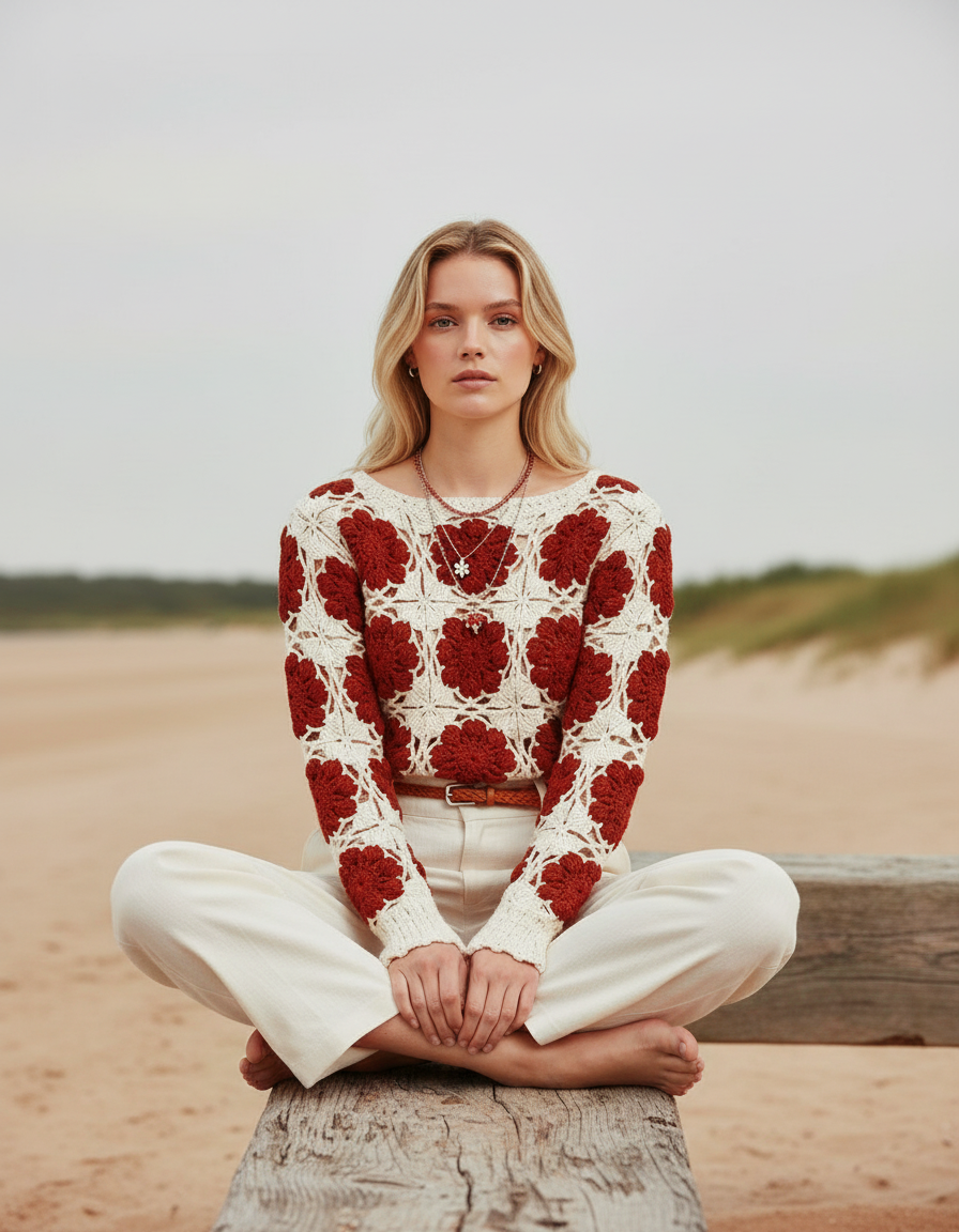 Handmade Crochet Blouse | Cream and Red Floral Motif