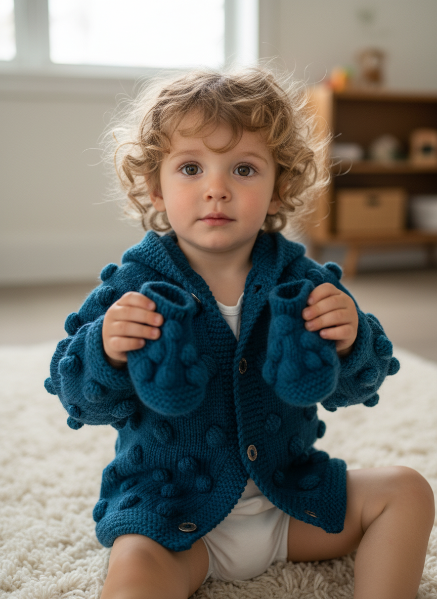 Handmade Kids’ Cardigan & Socks Set | Teal Blue