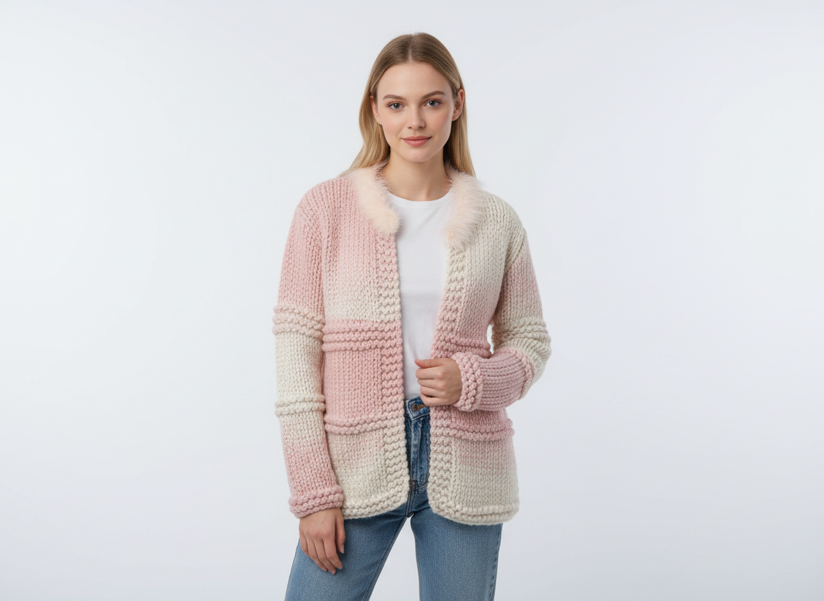 Handmade Knit Cardigan with Faux Fur Collar
