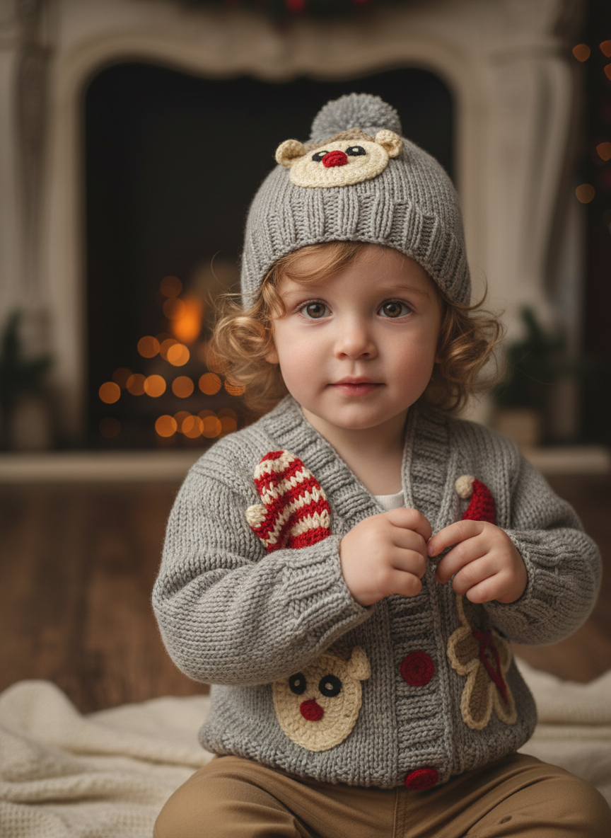 Handmade Christmas Baby Cardigan and Hat Set