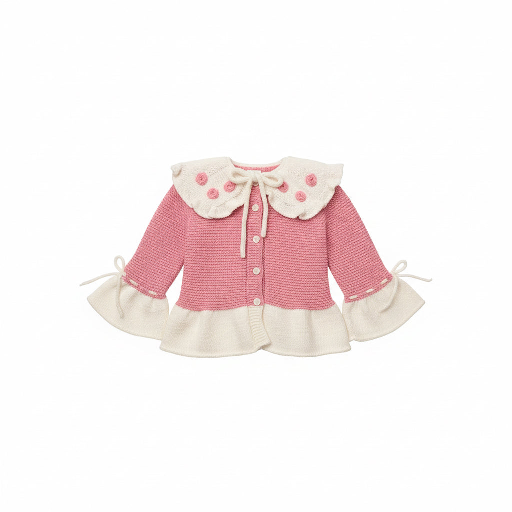 Handmade Knitted Baby Cardigan | Ruffle & Ribbon Details