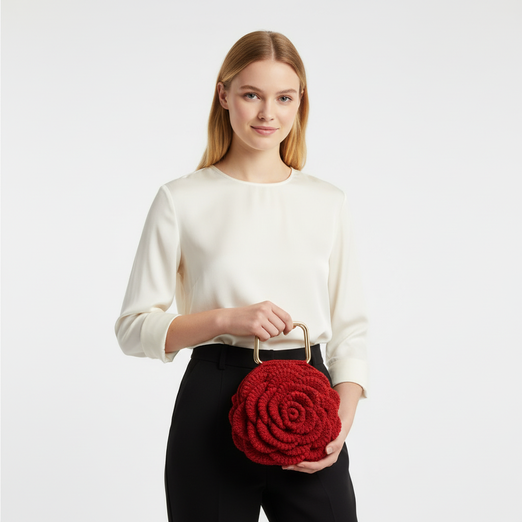 Handmade Crochet Mini Bag – Red Rose