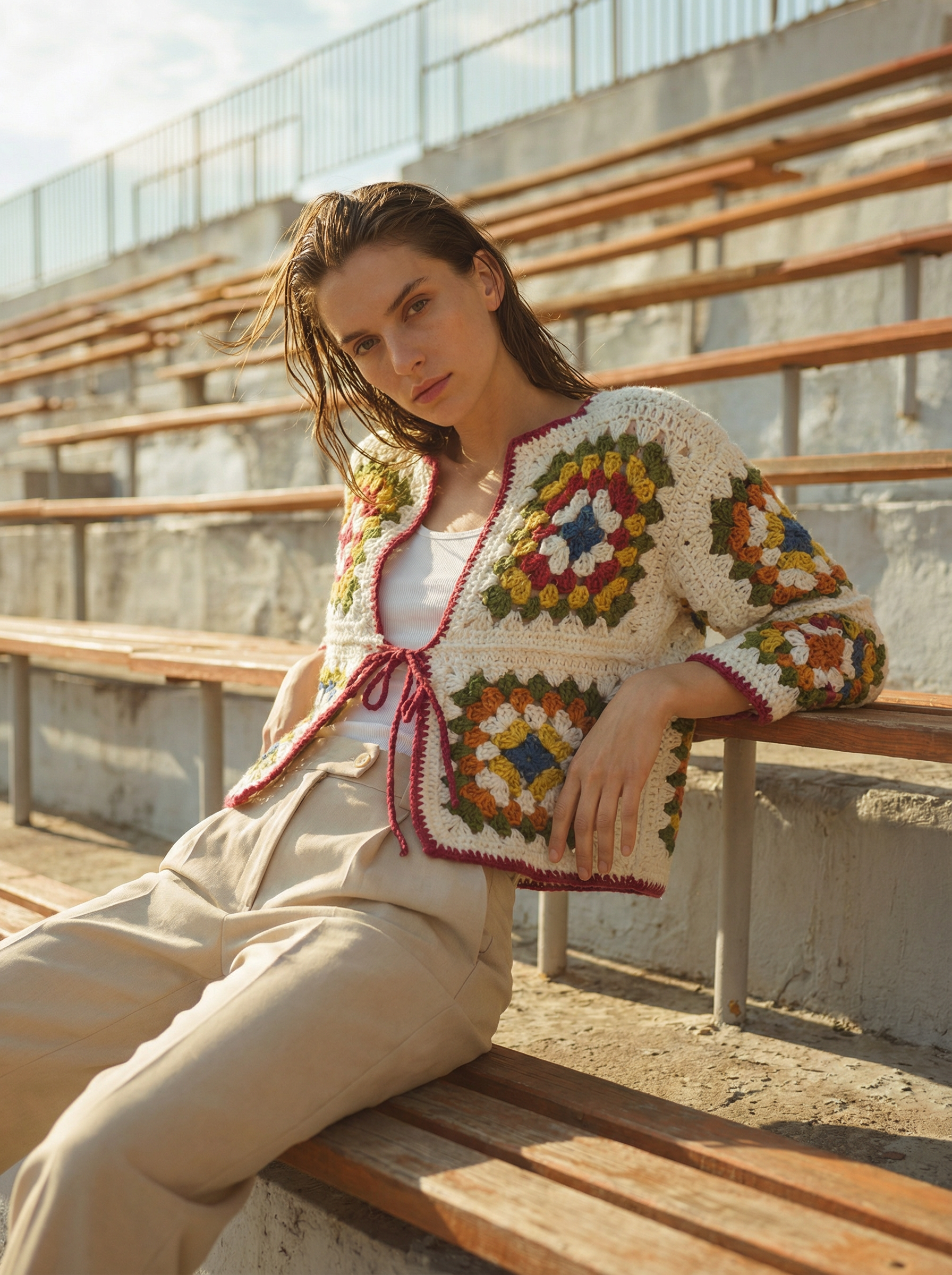 El Örgüsü Renkli Granny Motifli Kadın Hırkası