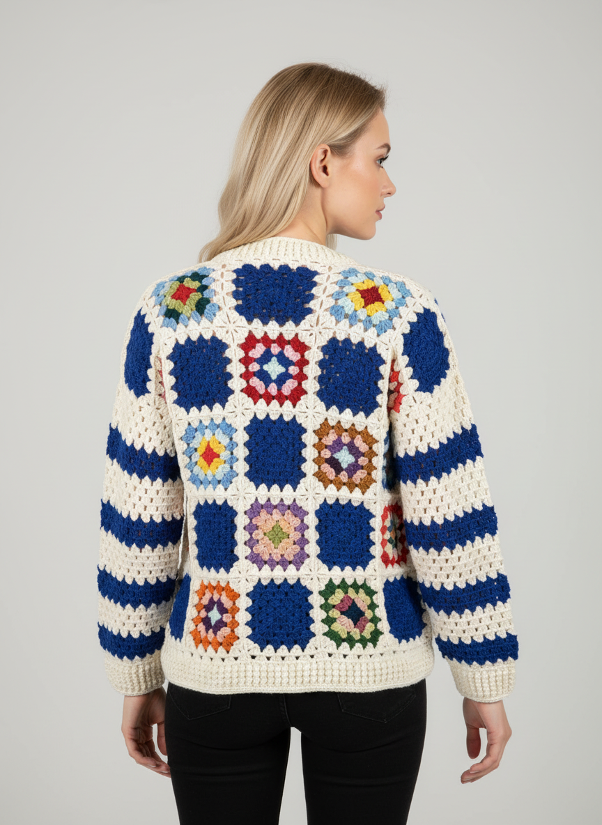 Handmade Blue Patch Crochet Cardigan