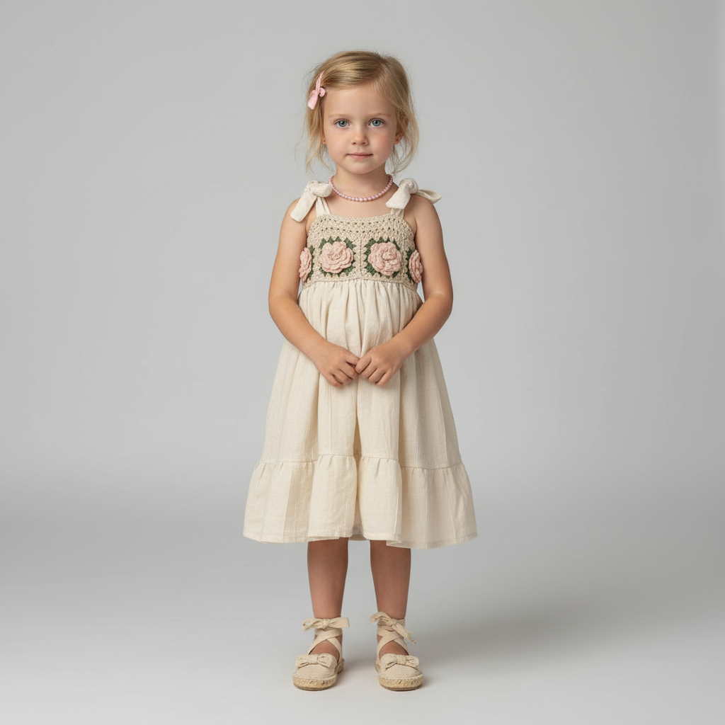 Handmade Crochet & Woven Fabric Girl’s Dress with Rose Motif | Cream-Pink