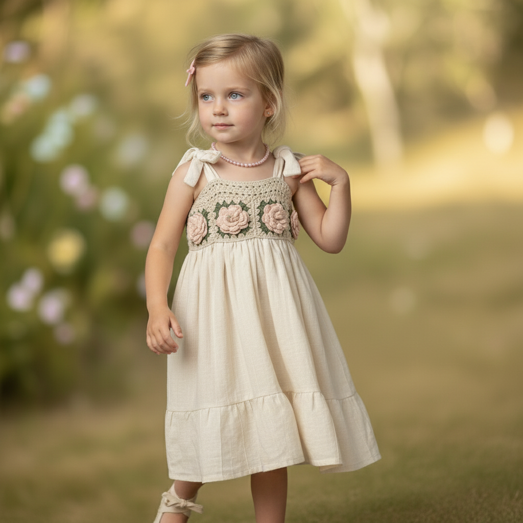 Handmade Crochet & Woven Fabric Girl’s Dress with Rose Motif | Cream-Pink