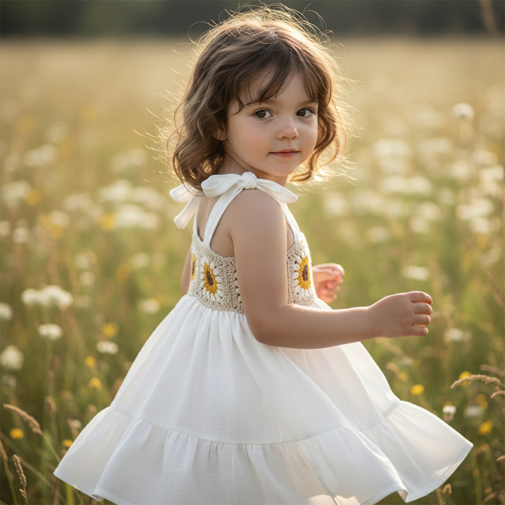 Handmade Crochet and Cotton Dress with Sunflower Detail – Adjustable Straps