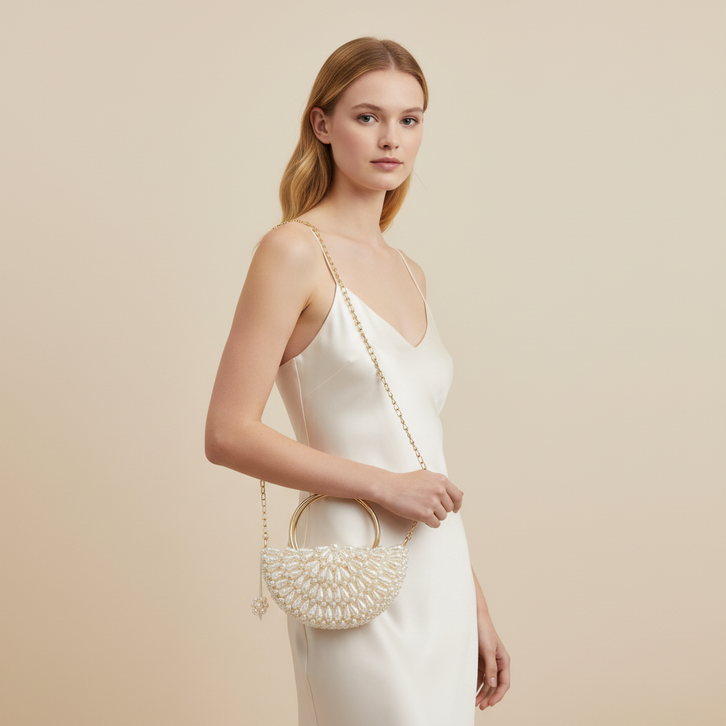 Handmade Oyster Bag | Pearl Embellished with Gold Chain Strap