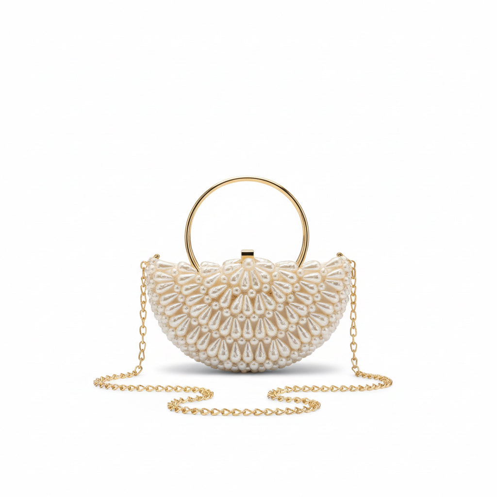 Handmade Oyster Bag | Pearl Embellished with Gold Chain Strap