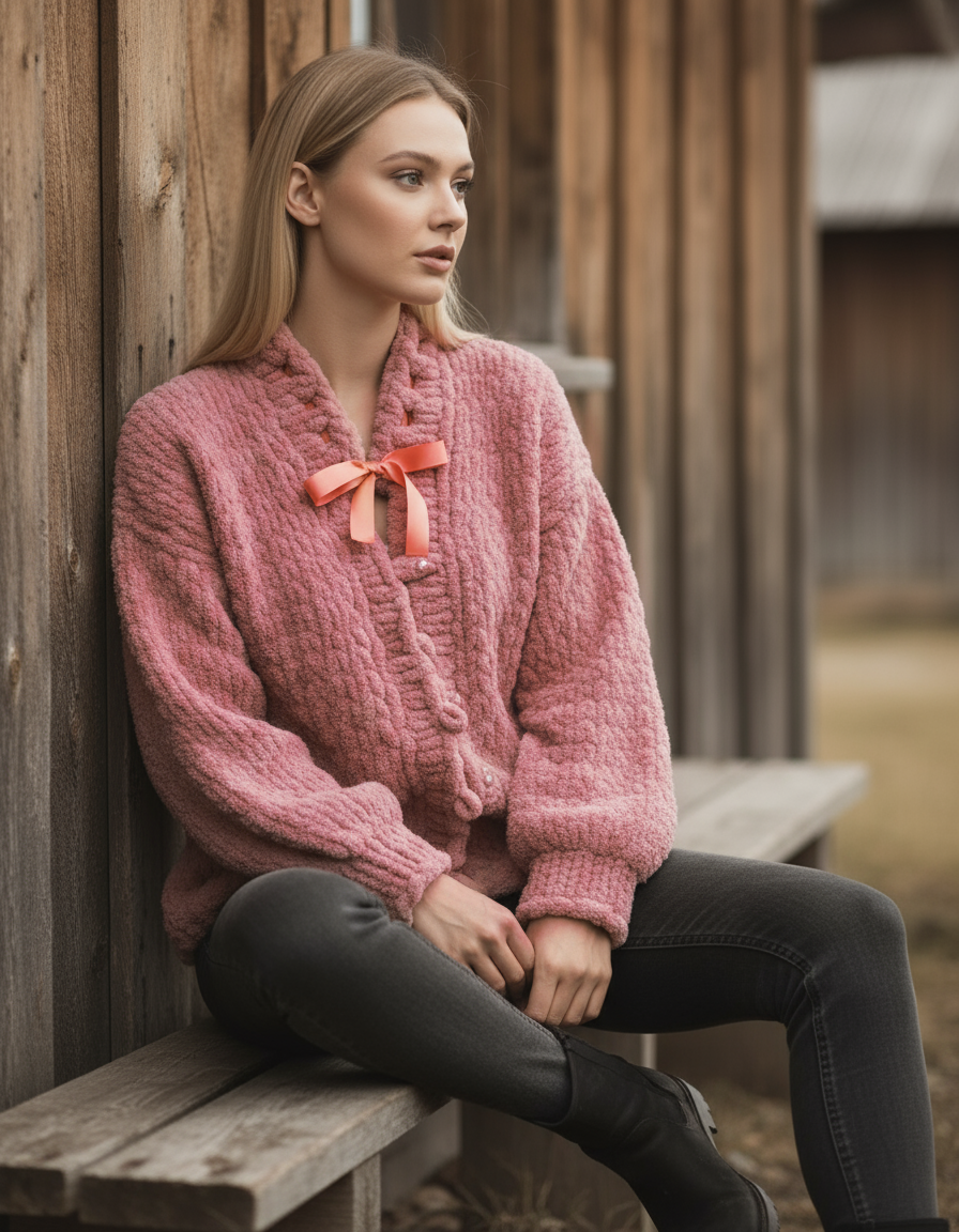 Pink Crop Cardigan with Bow and Pearl-Style Buttons