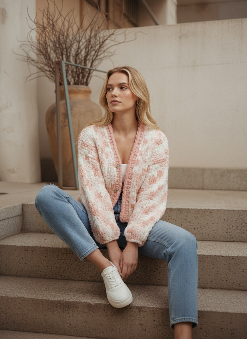 Hand Knitted Crop Cardigan | Powder & Cream