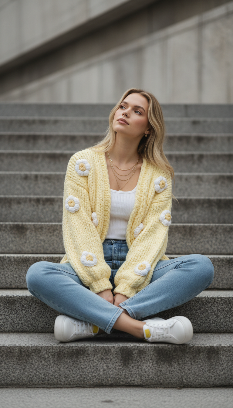 Hand-Knitted Yellow Daisy Crop Cardigan
