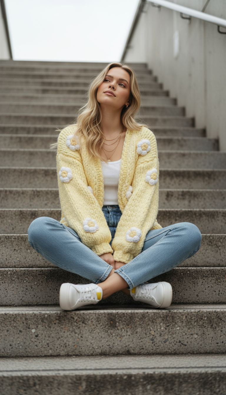 Hand-Knitted Yellow Daisy Crop Cardigan