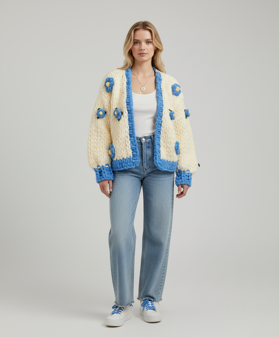 Hand-Knitted Blue Floral Crop Cardigan