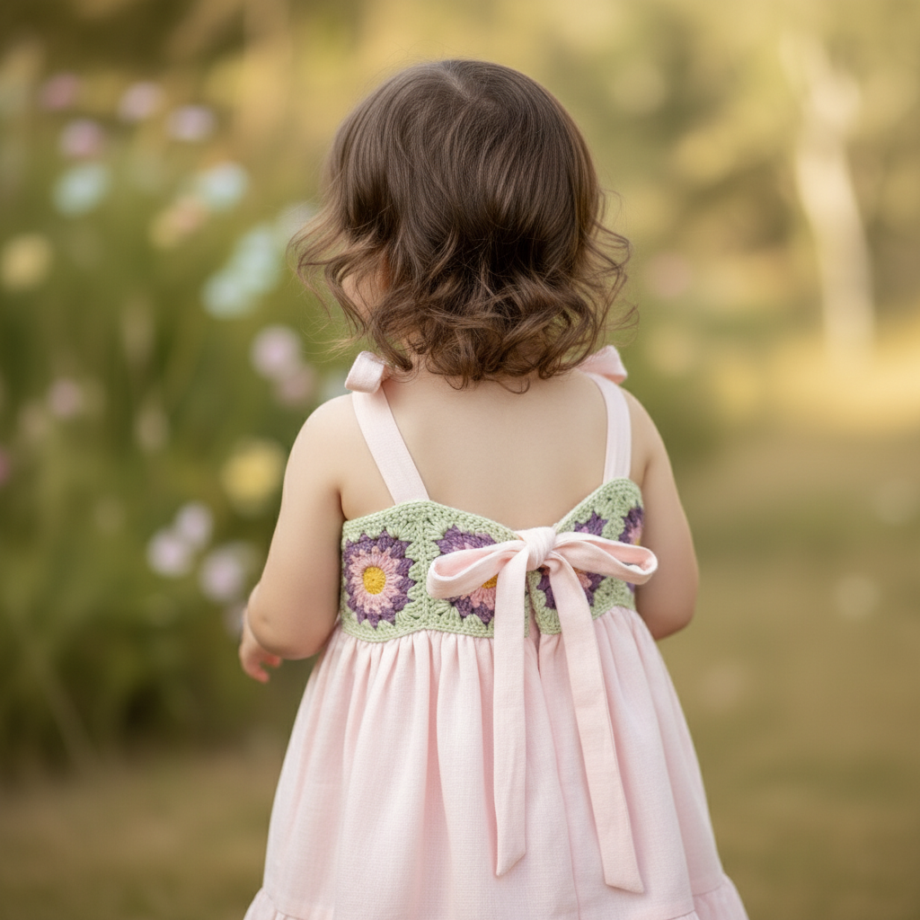 Handmade Crochet and Woven Fabric Dress – Adjustable Straps