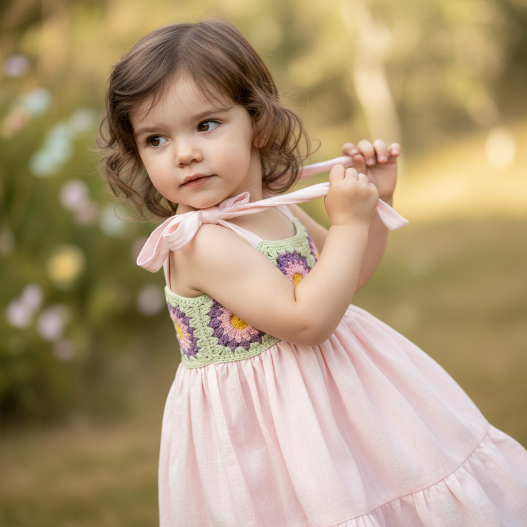 Handmade Crochet and Woven Fabric Dress – Adjustable Straps