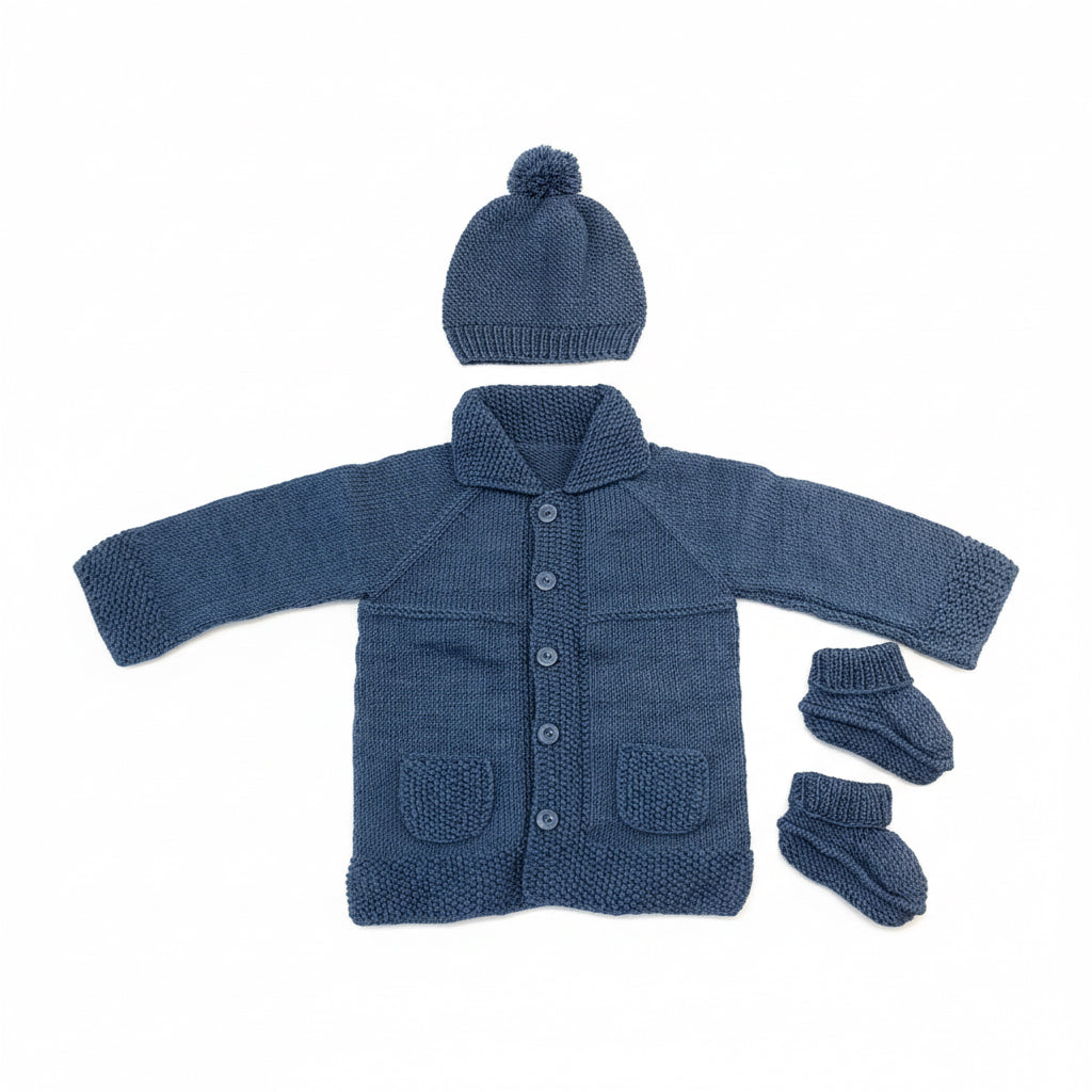 Handmade Knit Cardigan, Hat and Booties Set