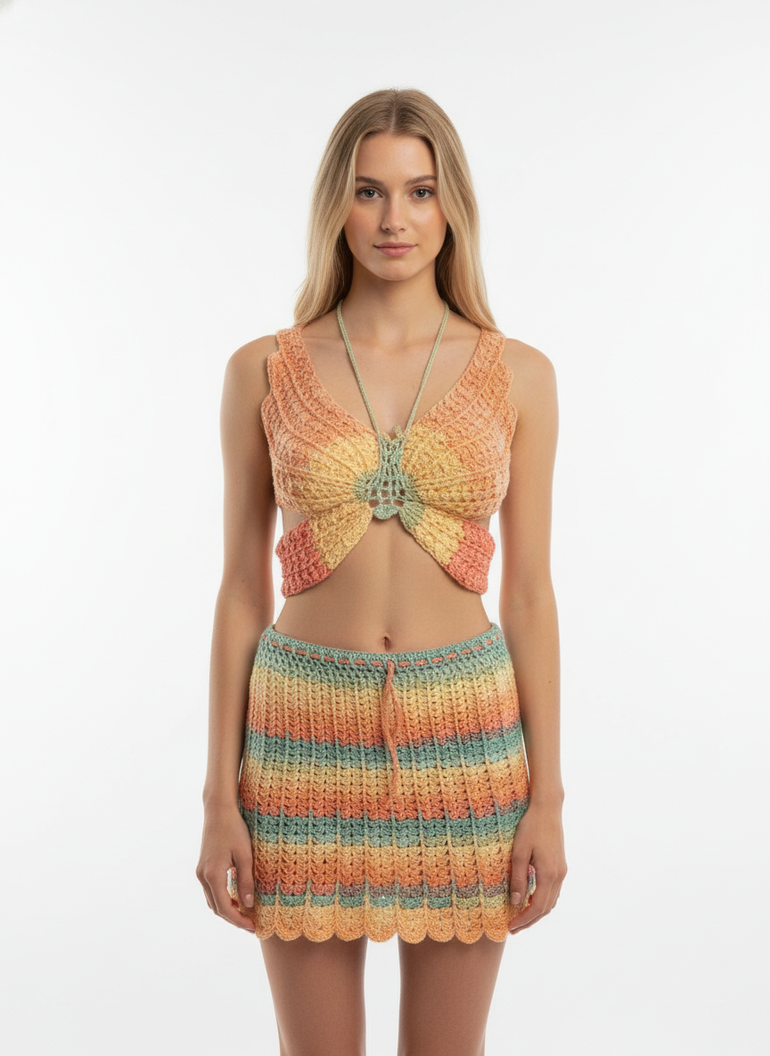Handmade Crochet Butterfly Top & Mini Skirt Set | Pastel Gradient