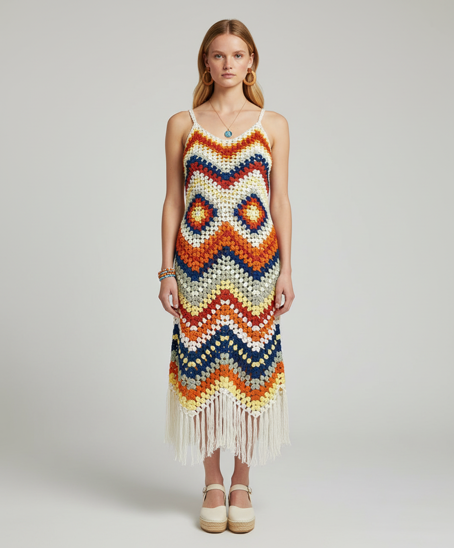 Handmade Colorful Boho Fringe Design Crochet Dress