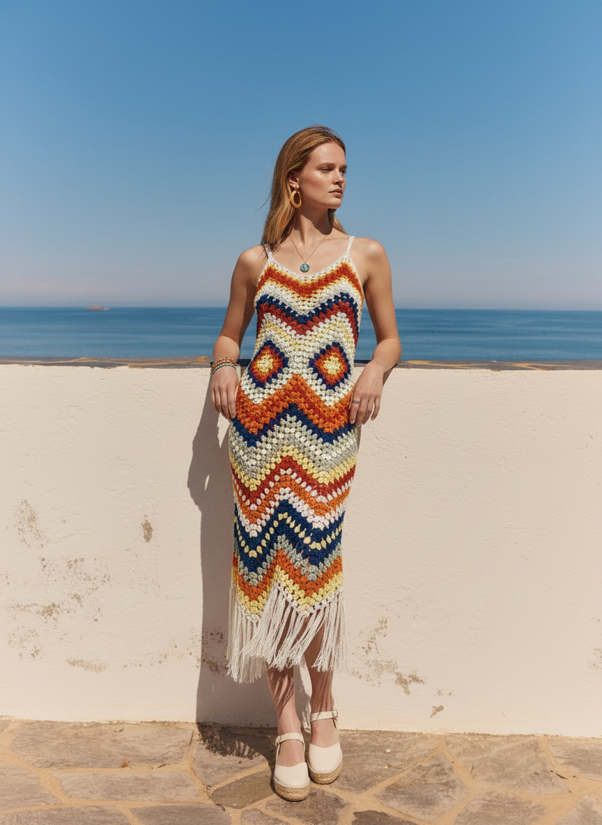 Handmade Colorful Boho Fringe Design Crochet Dress