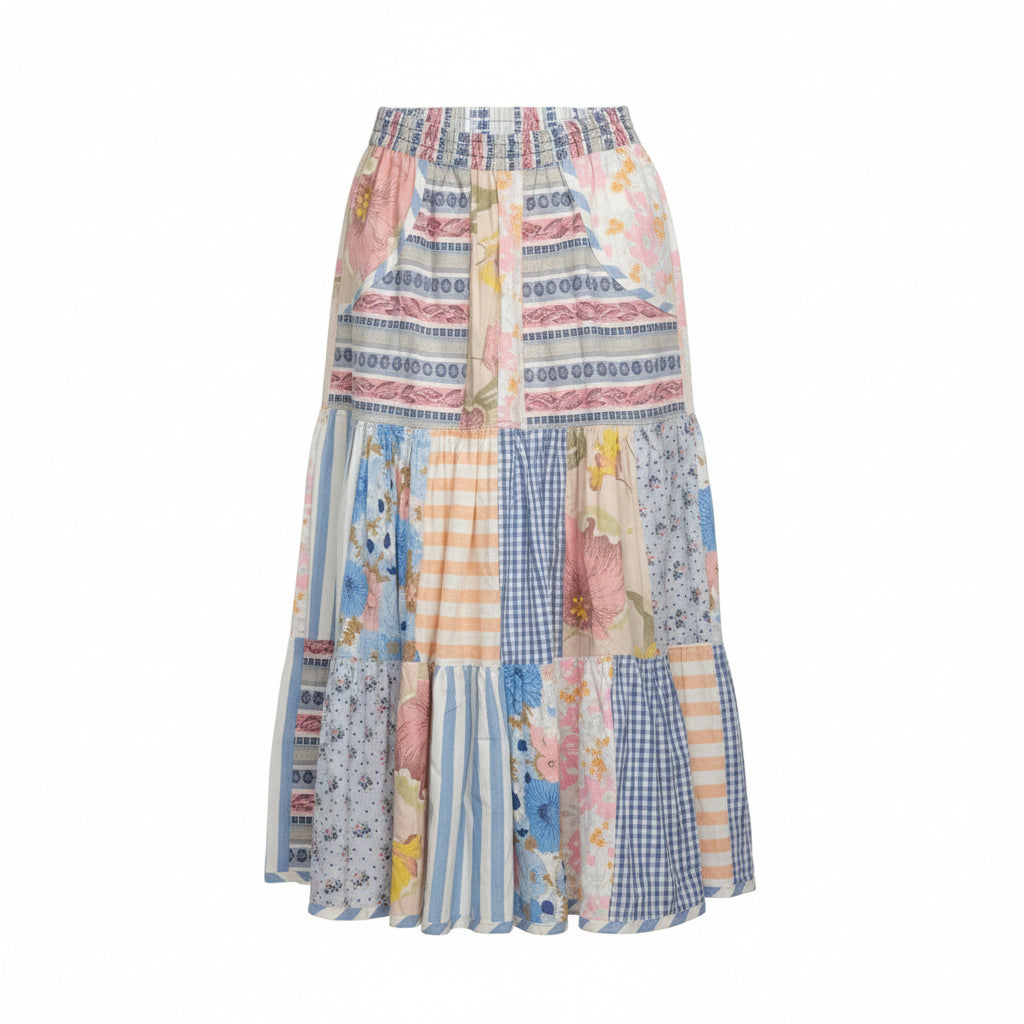 Handmade Pastel Patchwork Midi Skirt – Vintage Boho Summer Style