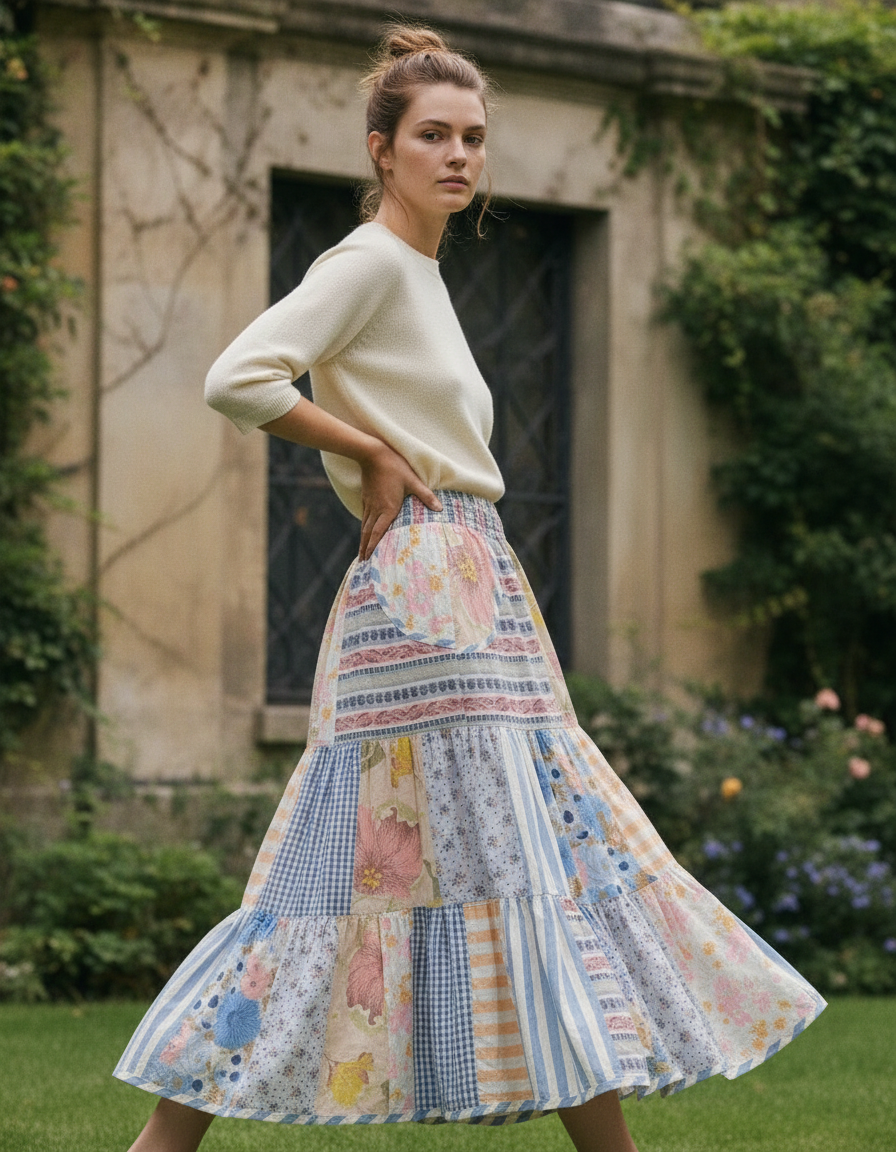 Handmade Pastel Patchwork Midi Skirt – Vintage Boho Summer Style