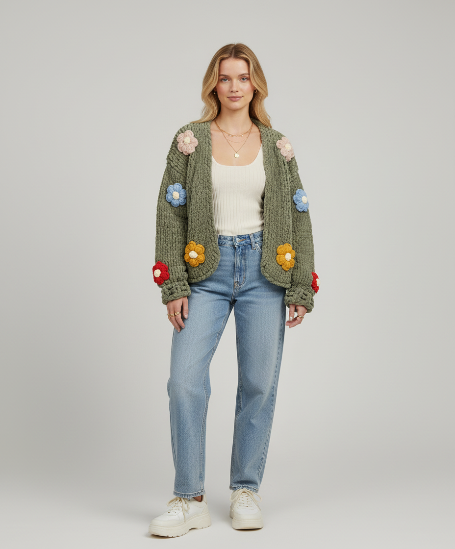 Handmade Puffy Knit Cardigan with 3D Floral Design