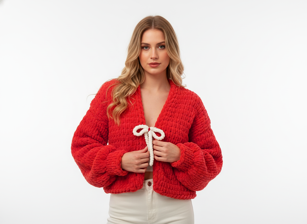 Handmade Puffy Red Cardigan with Bow