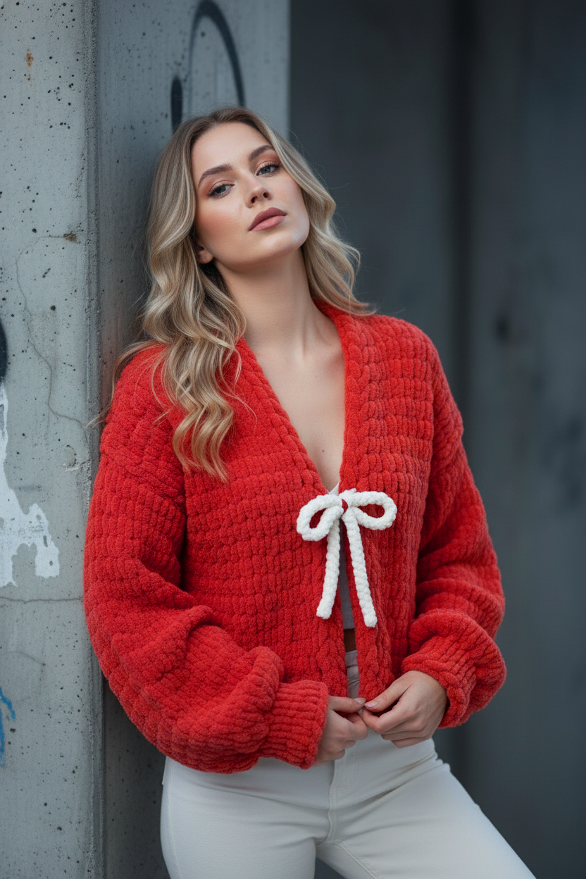 Handmade Puffy Red Cardigan with Bow