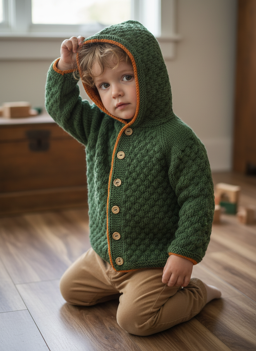 Reversible Handmade Hooded Baby Jacket | Green & Orange