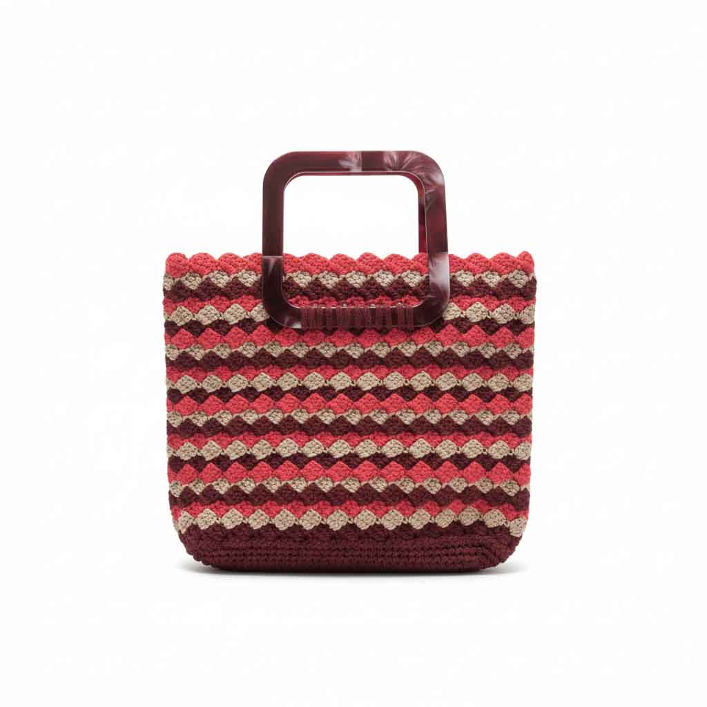 Dark Pink Toned Crochet Handbag – Square Handle Handmade Bag