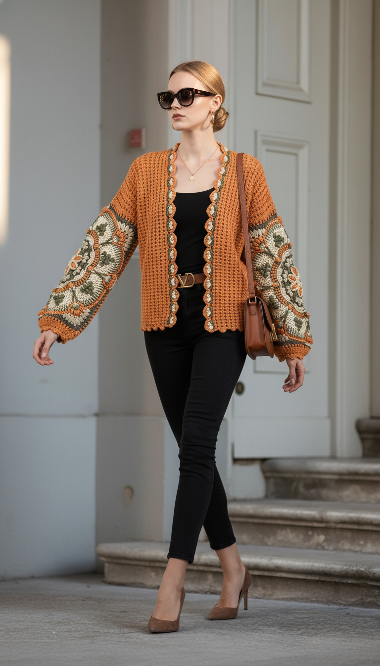 Orange & Green Handmade Crochet Cardigan – Geometric Pattern, Balloon Sleeves