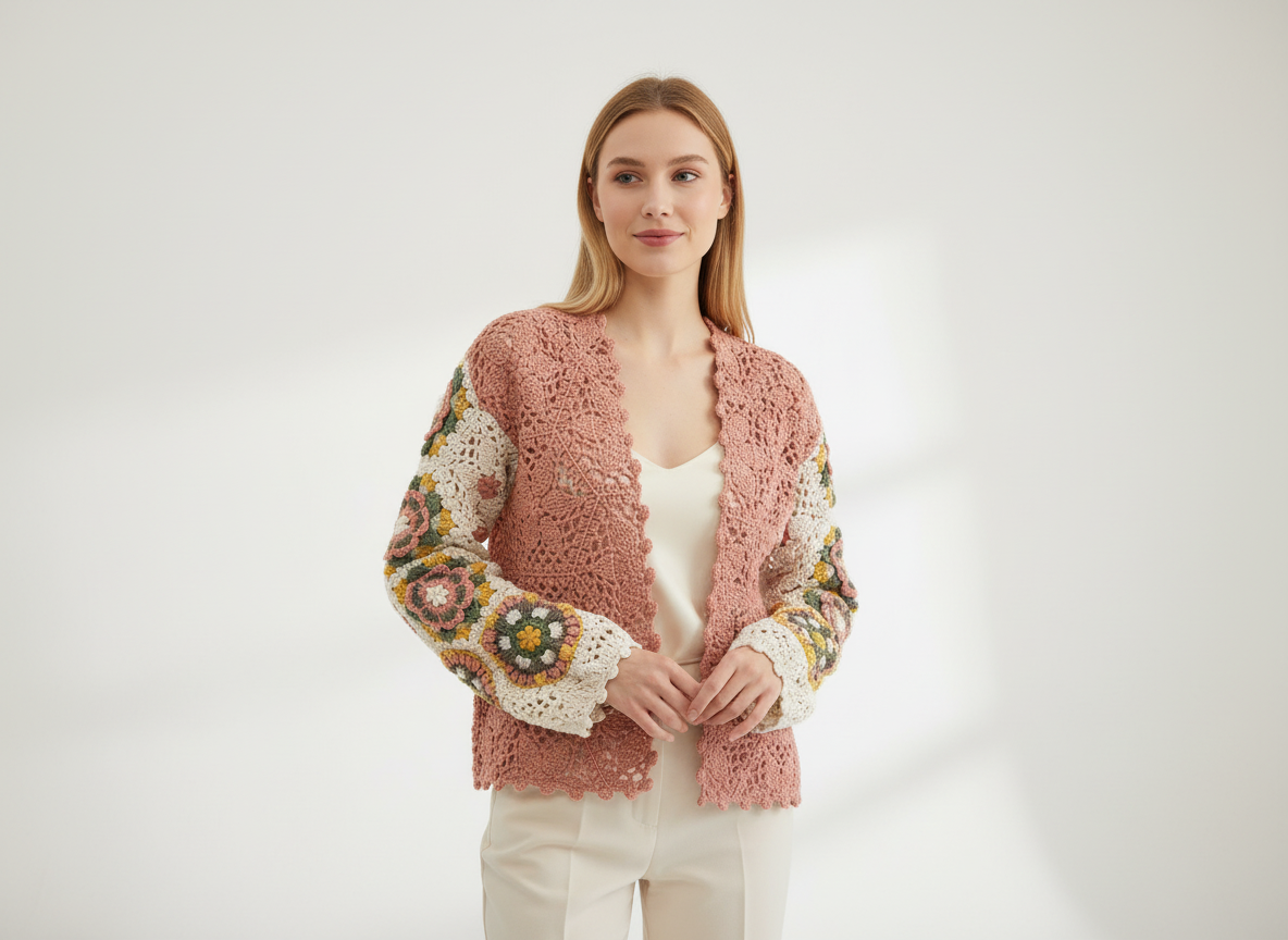 Powder Color Blossom Crochet Cardigan