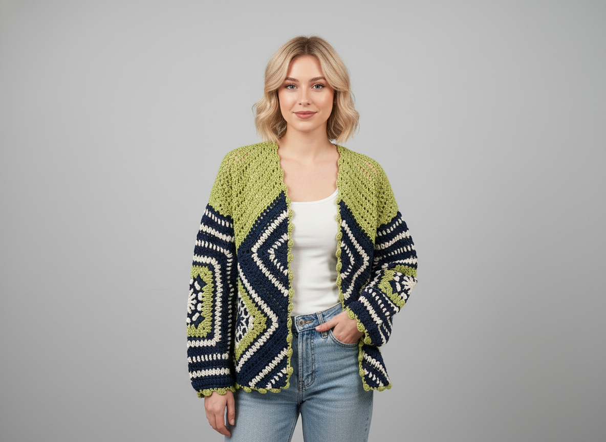 Green & Navy Geometric Crochet Cardigan