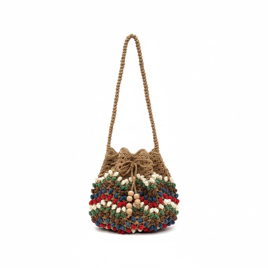 Renkli Örgü Boncuklu Omuz Çantası