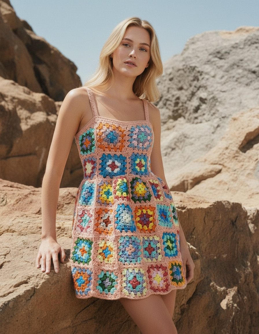 Handmade Granny Square Mini Crochet Dress
