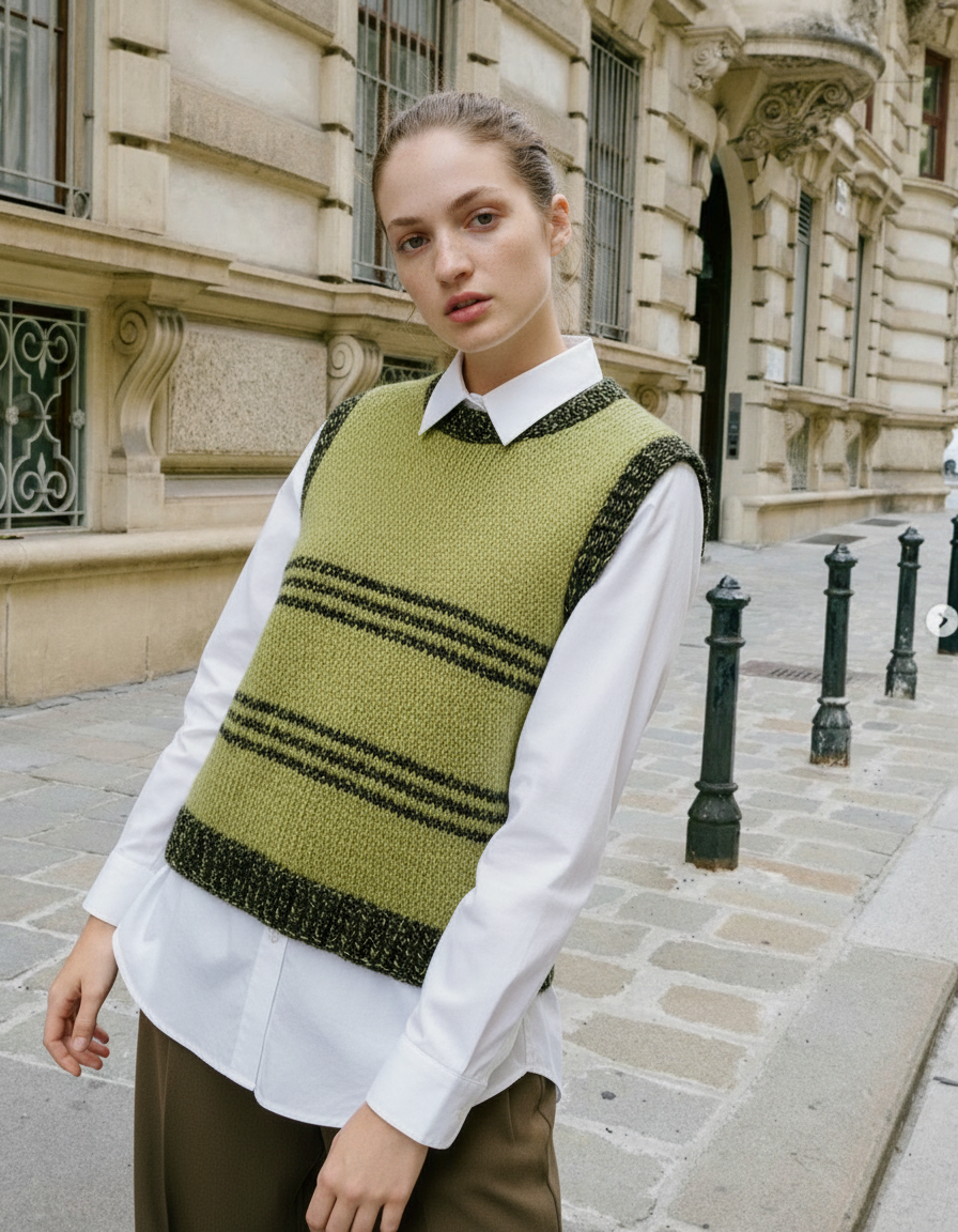 Handmade Knit Sweater Vest – Olive Green with Black Details
