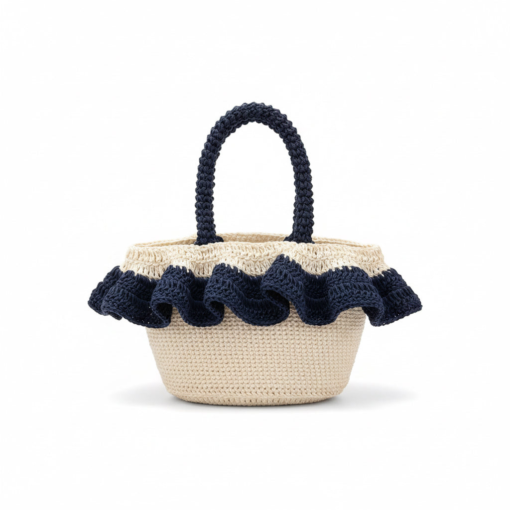 Small Ruffled Crochet Handbag – Navy & Cream
