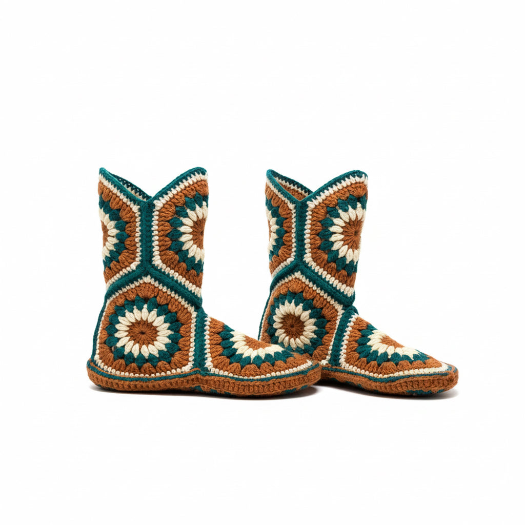 Handmade Crochet Home Boots | Retro Pattern & Cozy Warmth