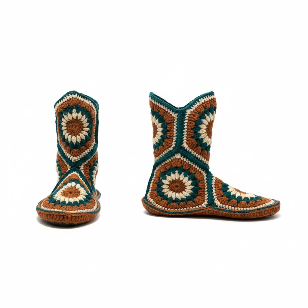 Handmade Crochet Home Boots | Retro Pattern & Cozy Warmth