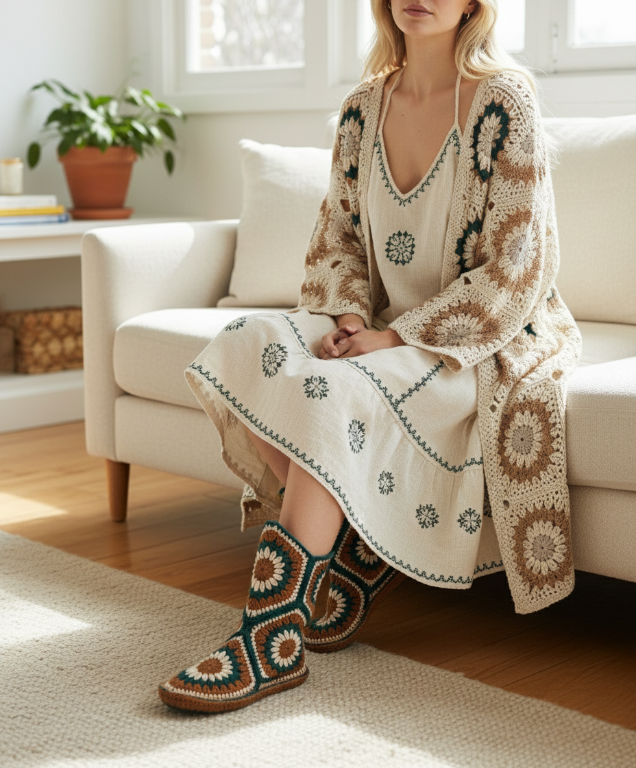 Handmade Crochet Home Boots | Retro Pattern & Cozy Warmth