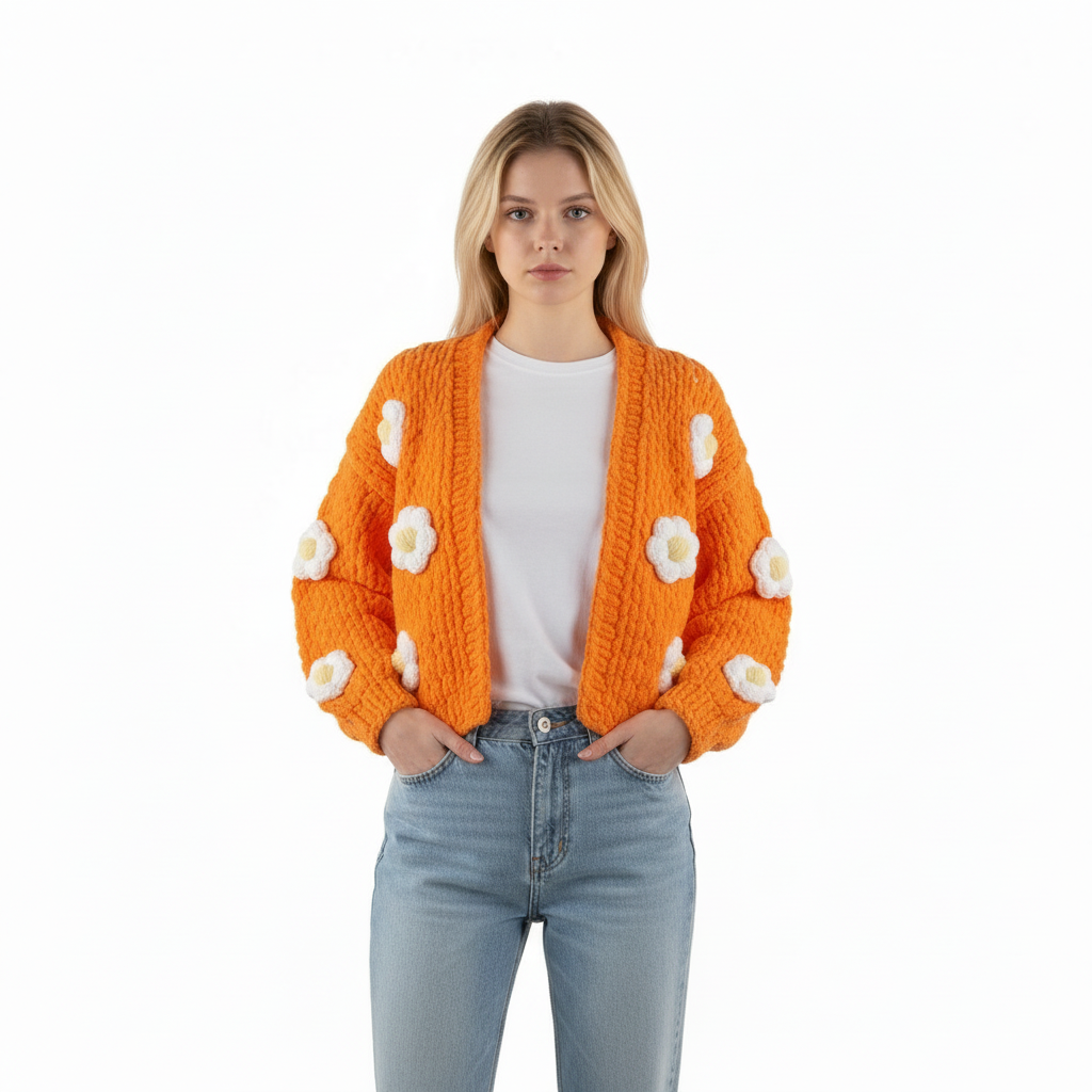Orange Bloom – Handmade Puffy Crochet Daisy Cardigan