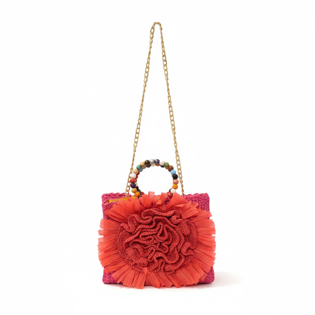 Handmade Straw Bag with Flower Detail – Coral Pink | With Chain Strap