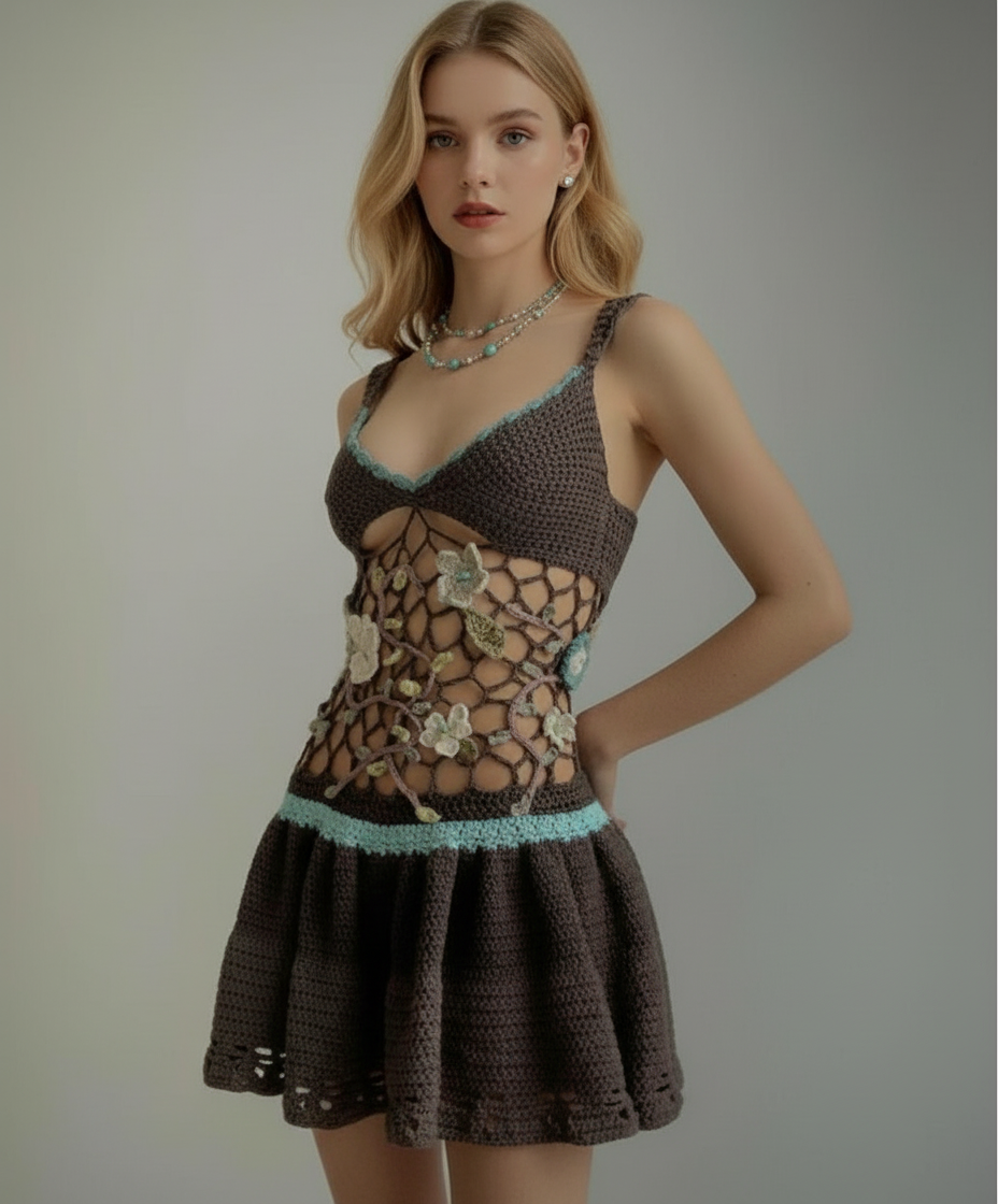Handmade Crochet Floral Mesh Mini Dress