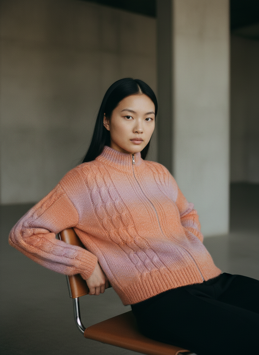 El Örgüsü Fermuarlı Renk Geçişli Kadın Hırkası